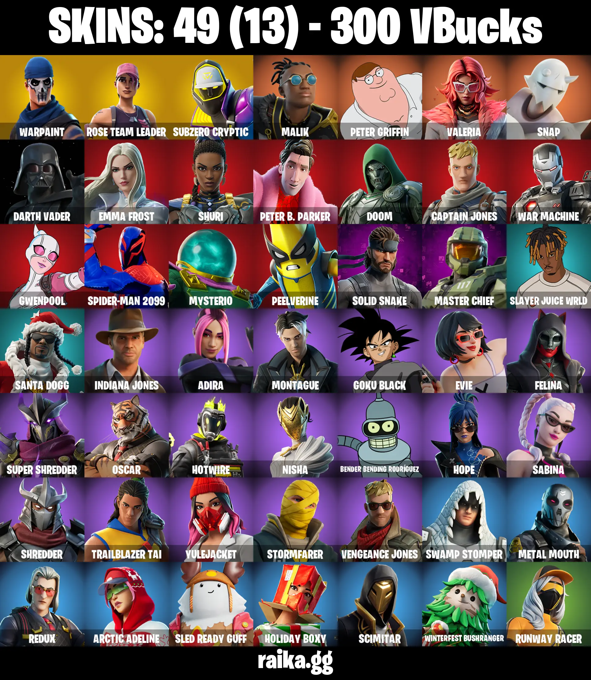 PC/PSN/XBOX |49 skins | OG STW | Master Chief | Subzero Cryptic | Cryptic Sling-kit | Ol' Woody | Petrol Pump | Slammin' Bass | Pull Up |