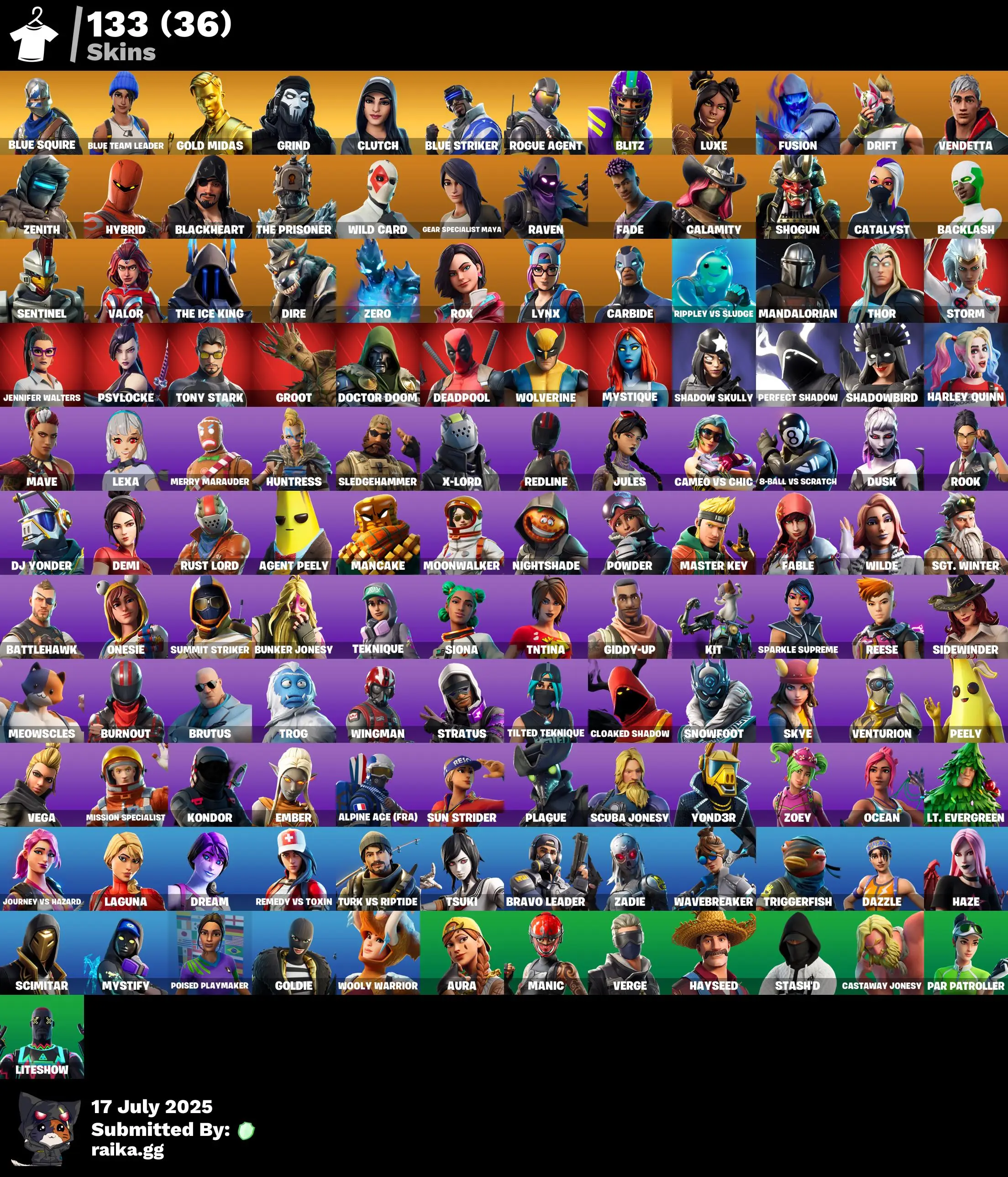 PC/PSN/XBOX |133 skins | Blue Squire | Blue Team Leader | Take The L | Deadpool | Gold Midas | Reaper | Orange Justice | Blitz |