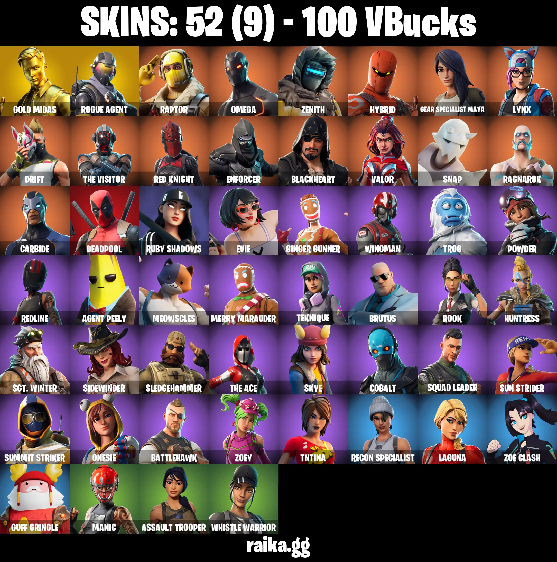 PC/PSN/XBOX |52 skins | Gold Midas | Rogue Agent | Candy Axe | Orange Justice | Rambunctious | Take The Elf | Hot Marat | Deadpool |