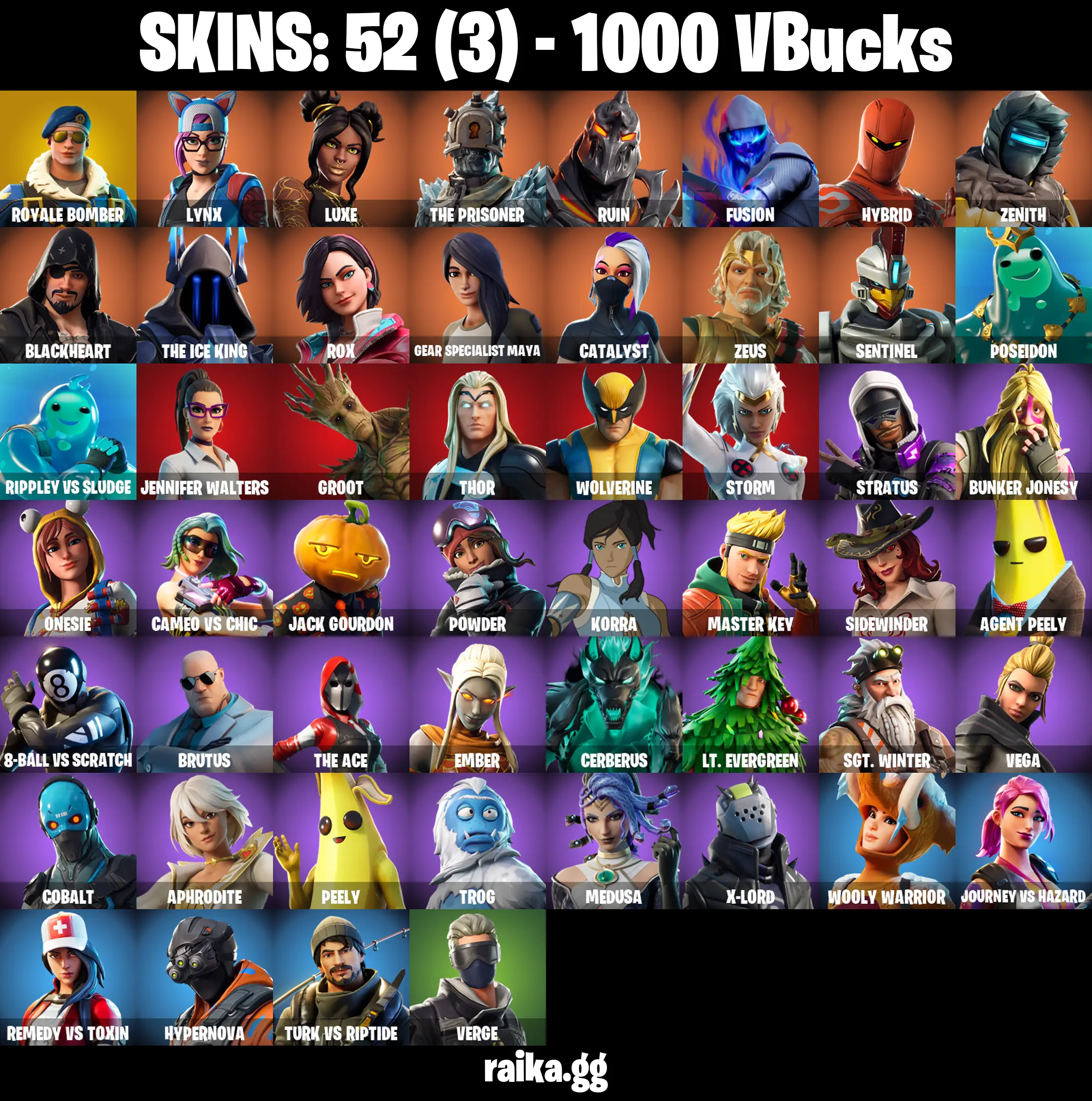 PC/PSN/XBOX |52 skins | Royale Bomber | Point It Out | Take The Elf | The Ice King | Luxe | Fusion | Lynx | Wolverine |