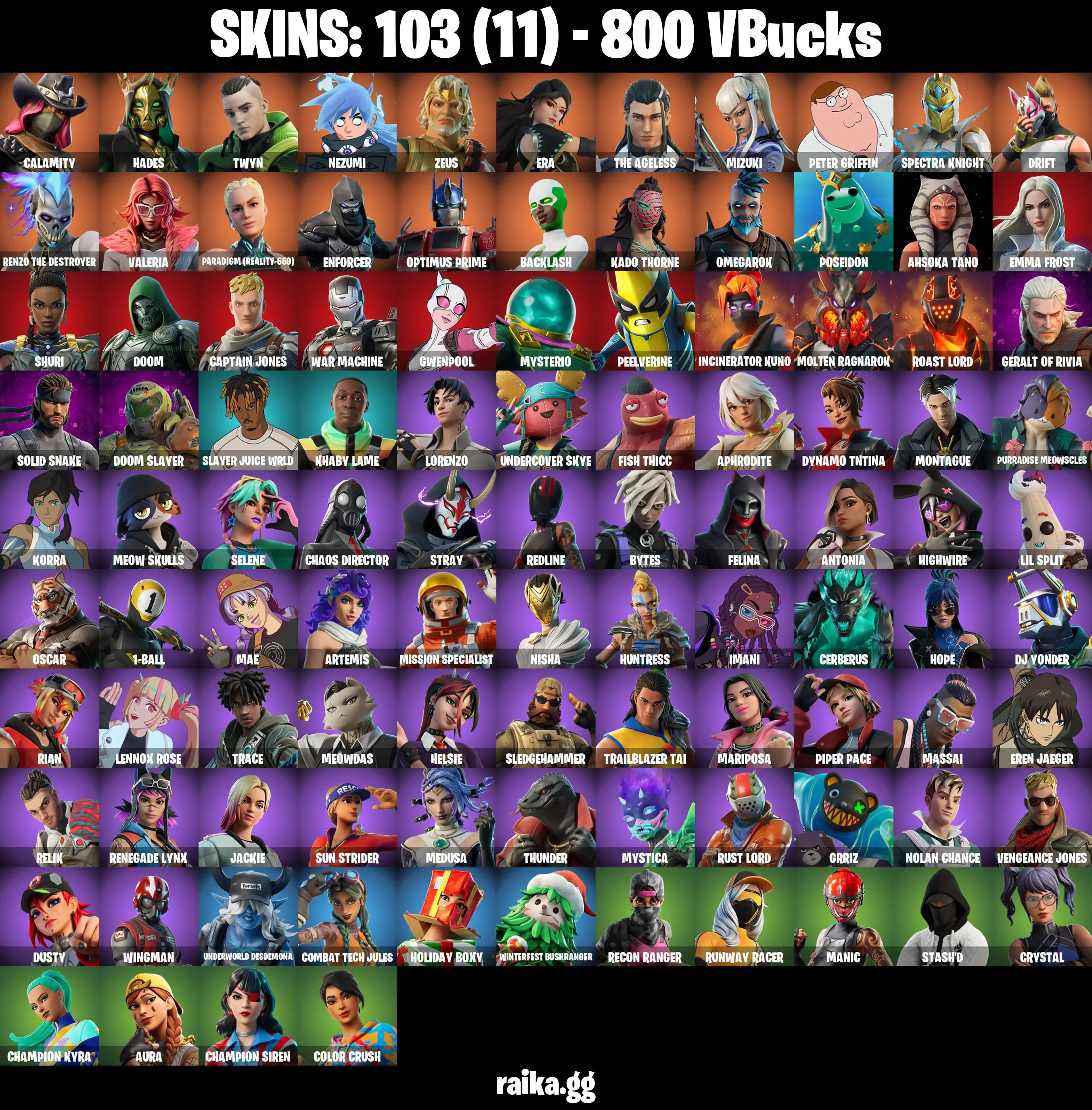 PC/PSN/XBOX |103 skins | Take The L | Mako | Bird Call | Battle Bus | Drift | The Ageless | Mizuki | Optimus Prime | Kado Thorne |
