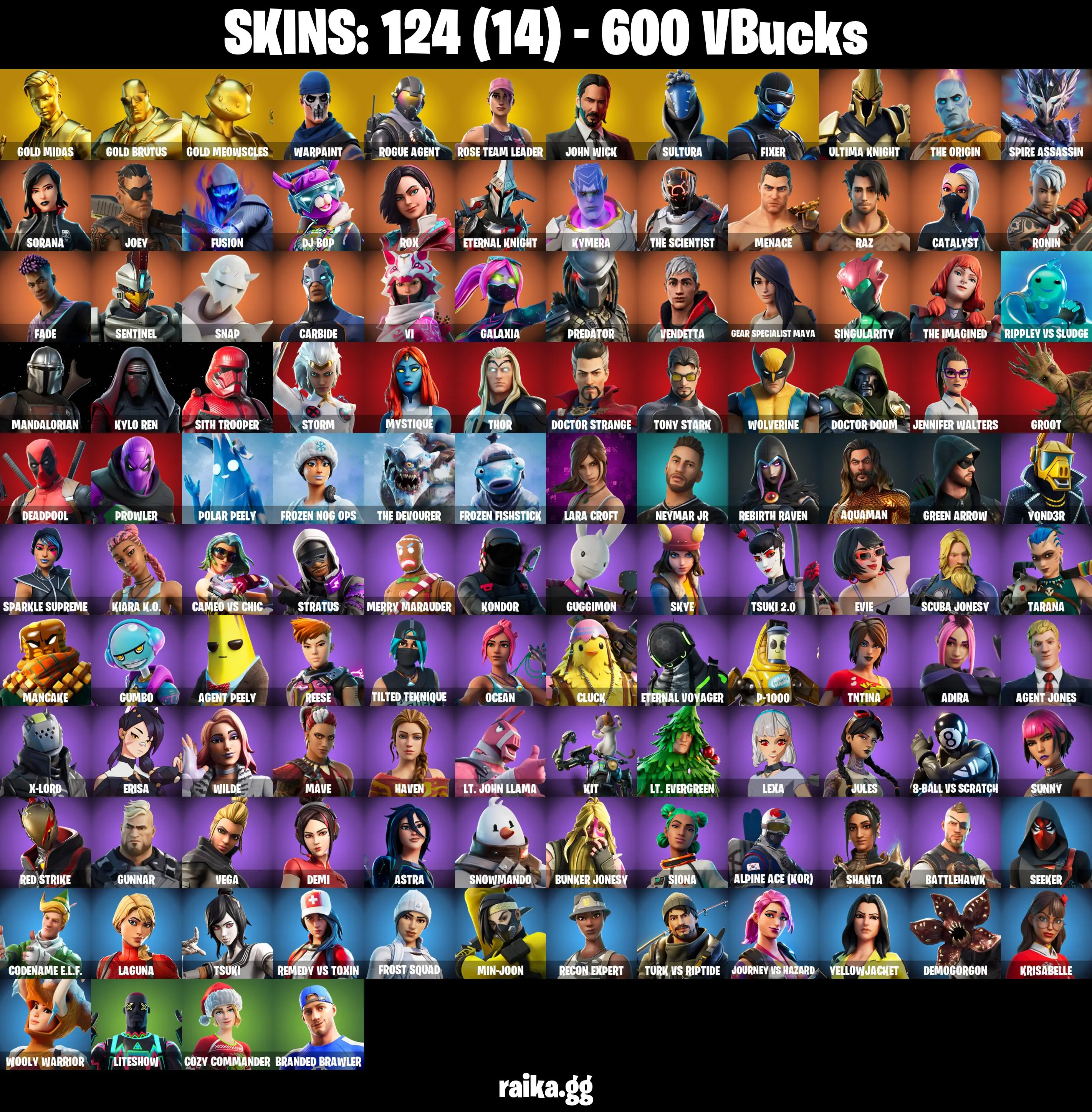 PC/PSN/XBOX |124 skins | OG STW | Gold Midas | Gold Brutus | Gold Meowscles | Rogue Agent | John Wick | Sultura | Fixer | Snowtooth |