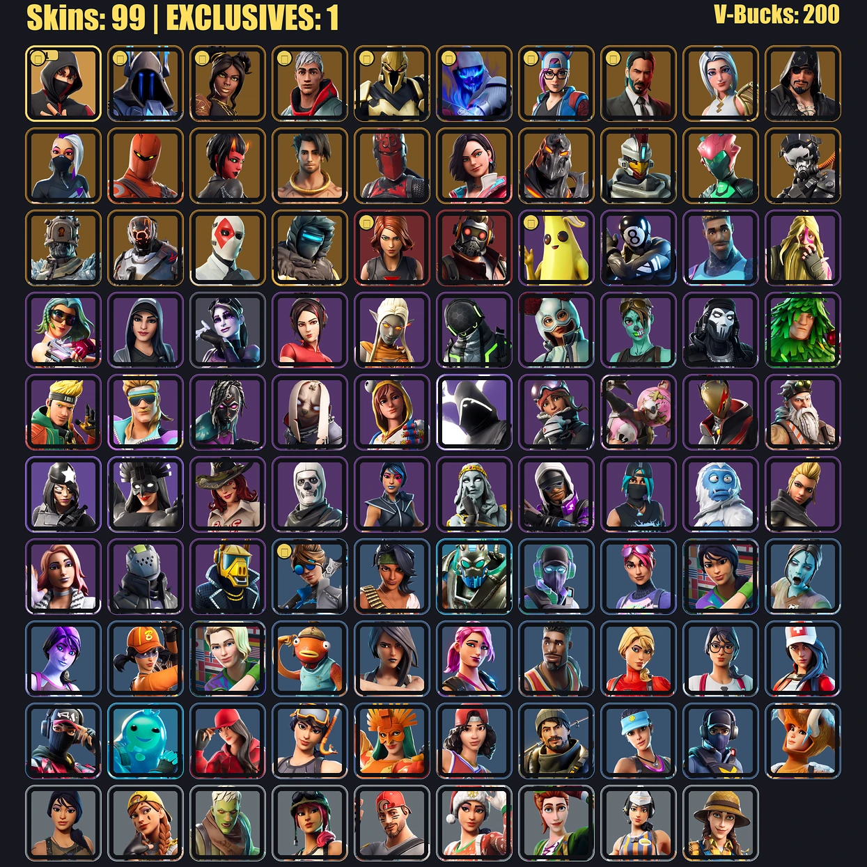 [PC] 99 Skins | IKONIK | The Ice King | Luxe | Vendetta | Ultima Knight | Fusion | Lynx | Peely | Black Widow Outfit